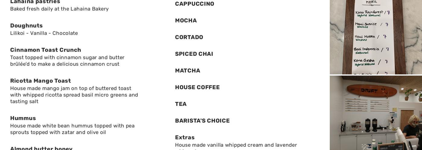 Drift Coffee Menu