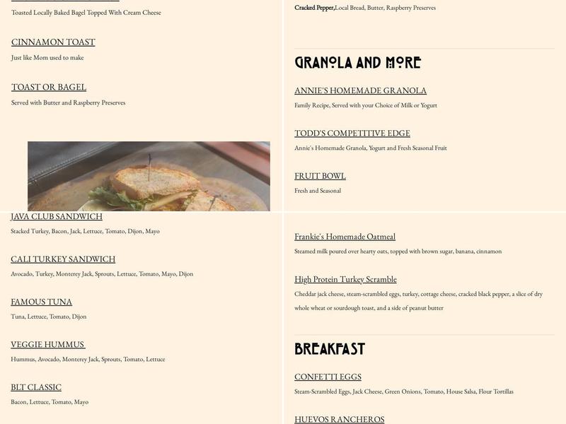 Java Blue Lakes Menu