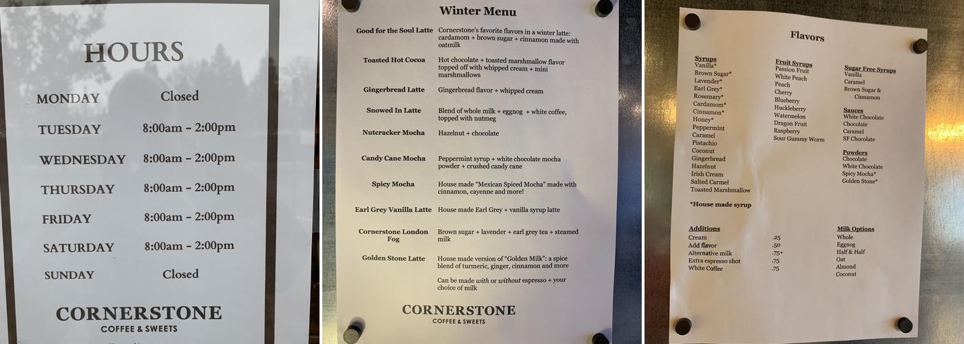 Cornerstone Coffee and Sweets Menu