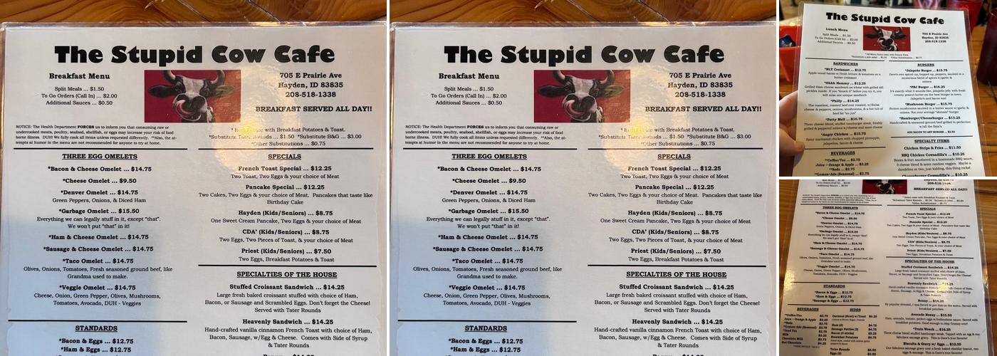 Stupid cow cafe' Hayden Menu