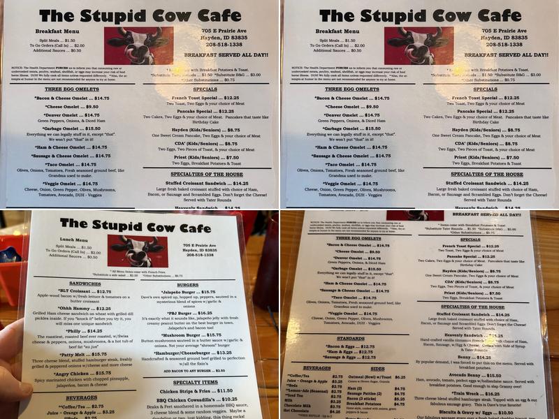 Stupid cow cafe' Hayden Menu