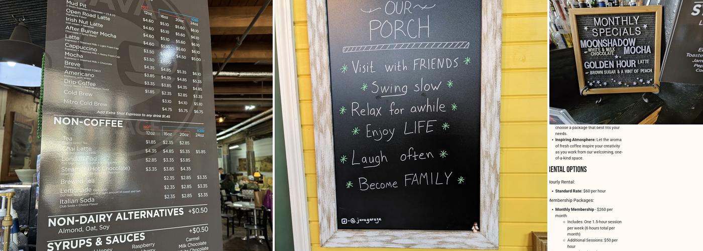 Java Garage LLC Menu