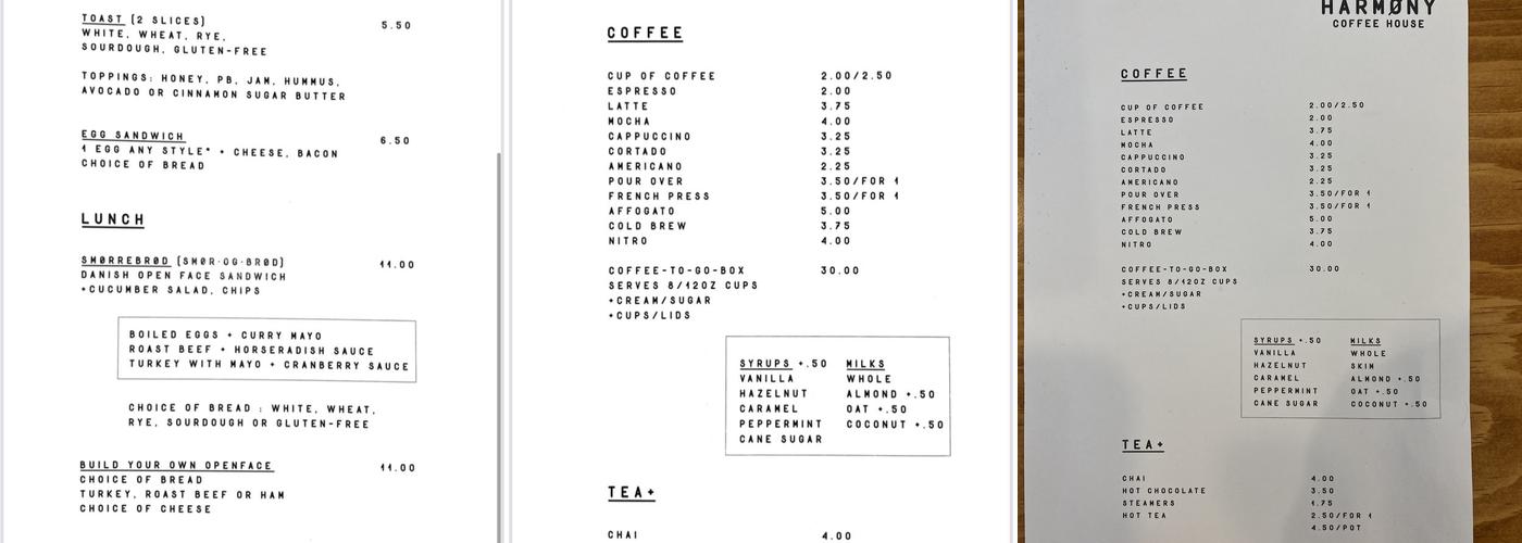 Harmony coffee house Menu