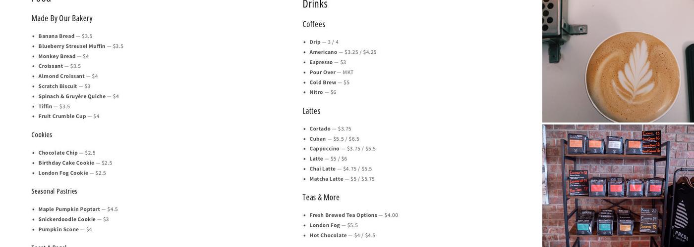 Black Elm Coffee Menu