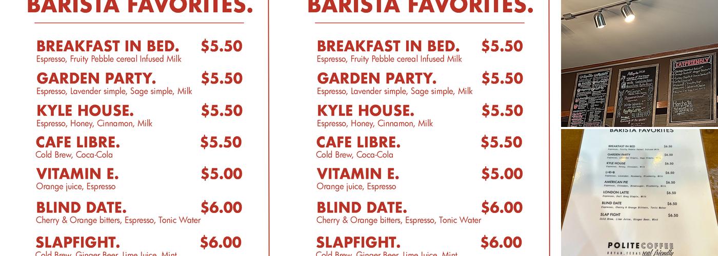 Polite Coffee Roasters Menu