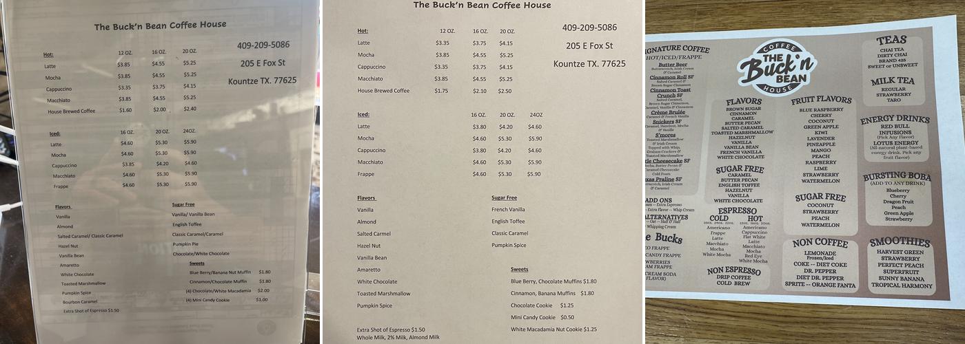 The Buck'n Bean Coffee House Menu