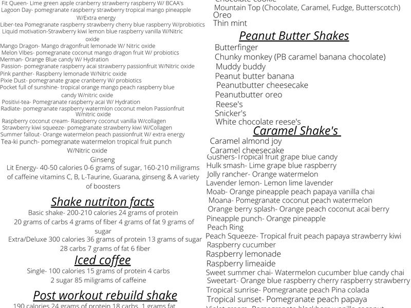 Radiate Nutrition Menu