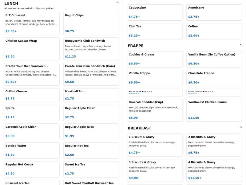 Honeycomb Cafe Bramwell Menu