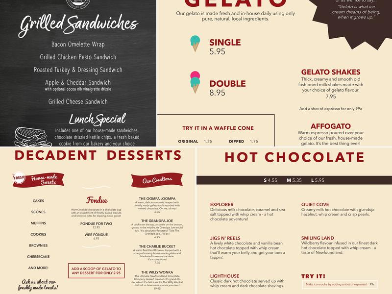 Newfoundland Chocolate Company Menu