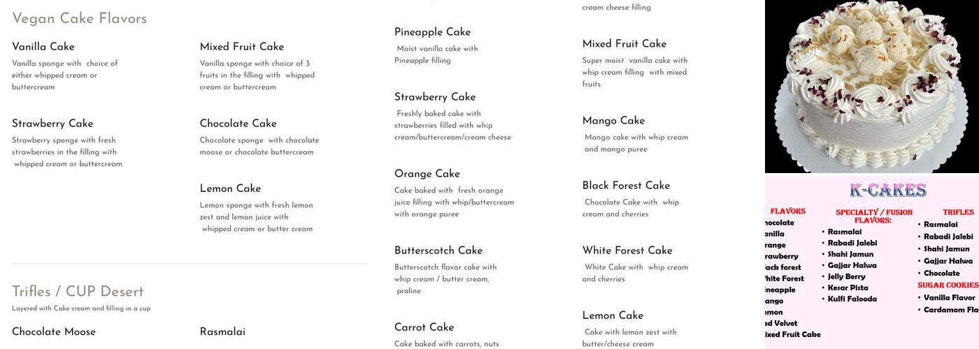 K-Cakes Bakery Menu