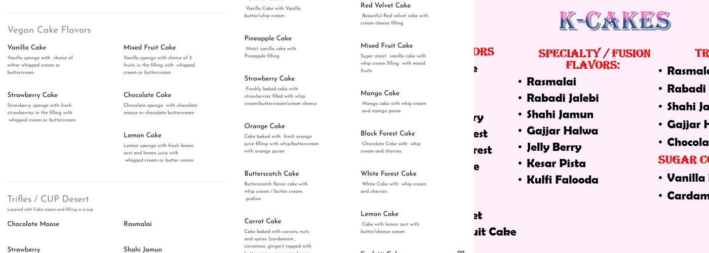K-Cakes Bakery Menu