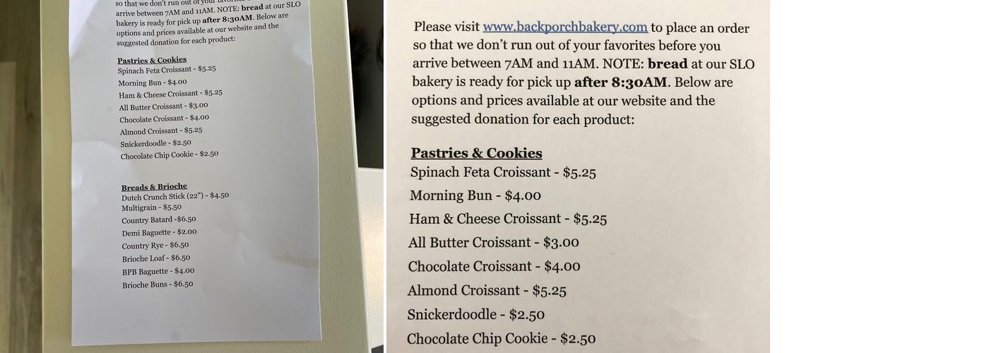 Back Porch Bakery Menu