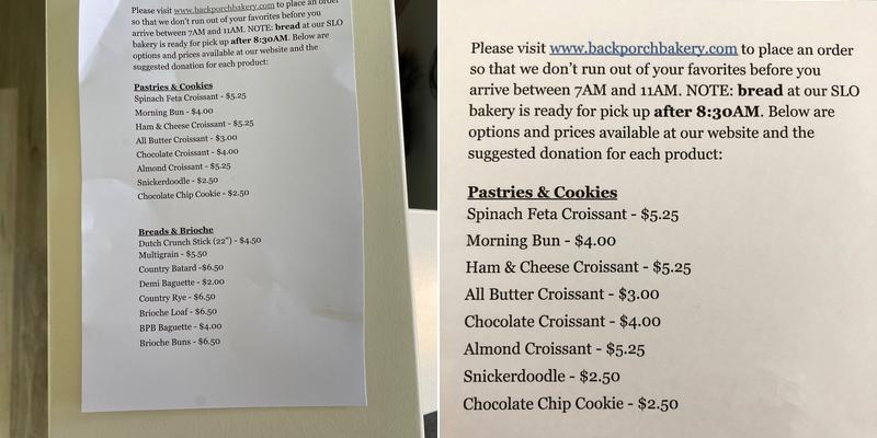 Back Porch Bakery Menu