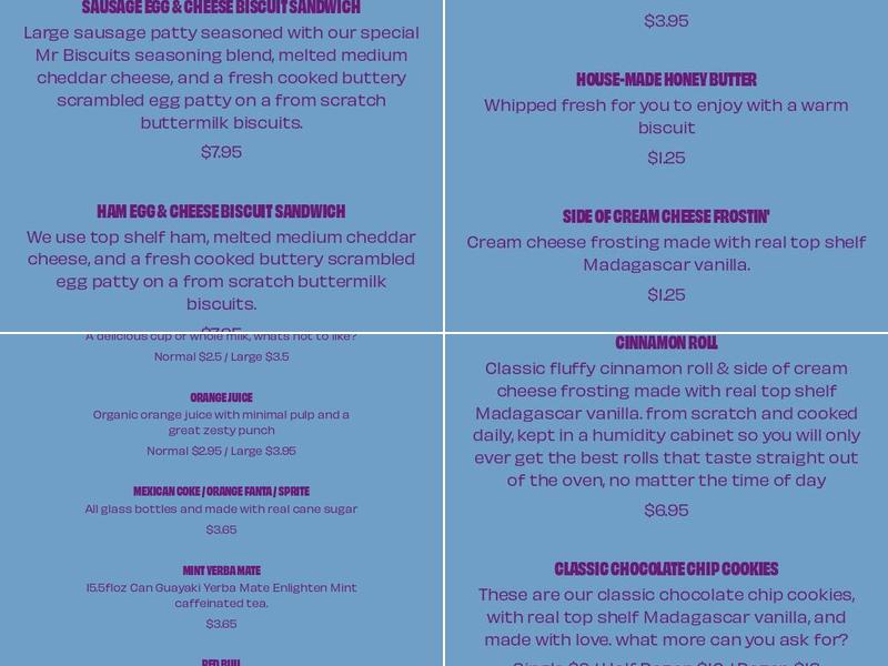 Mr. Biscuits Bakery Menu