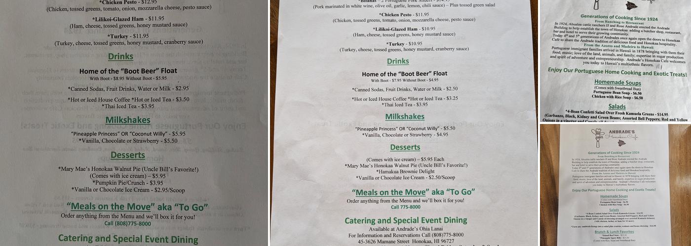Andrade’s Honokaa Cafe Menu