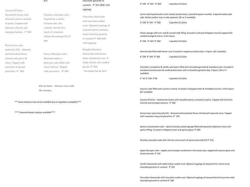 Starfire Bakery Menu
