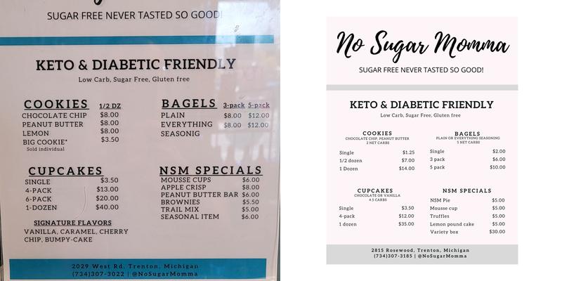No Sugar Momma Menu