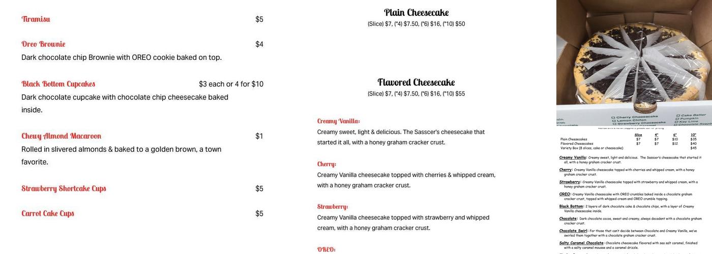 Sasscer's Cheesecakes Menu