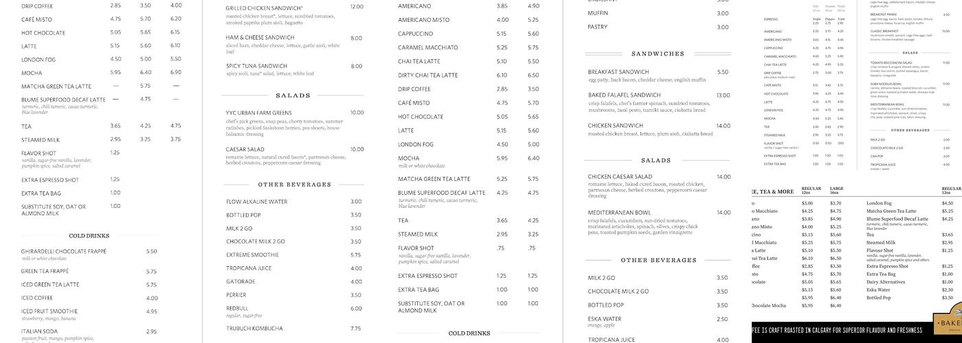 Bakers Cafe Menu