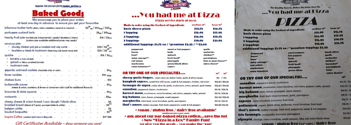 Humble Pie Butter Tart Factory & Pizzeria Menu
