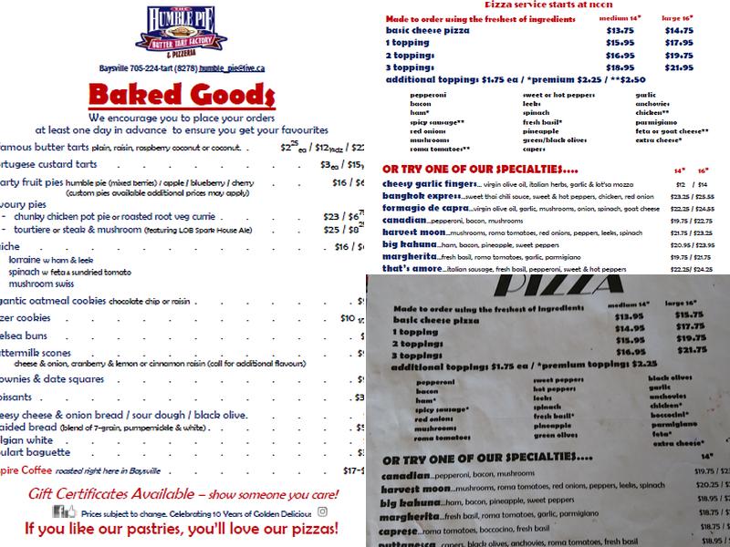 Humble Pie Butter Tart Factory & Pizzeria Menu
