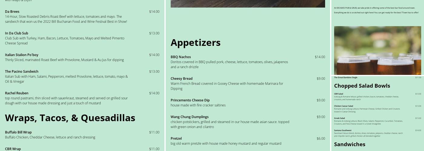 Decades Pub and Grub Menu