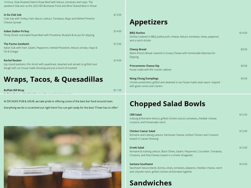 Decades Pub and Grub Menu