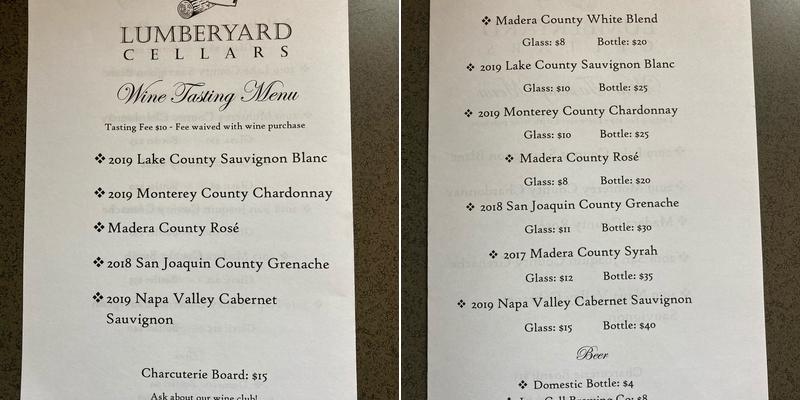 Lumberyard Cellars Menu