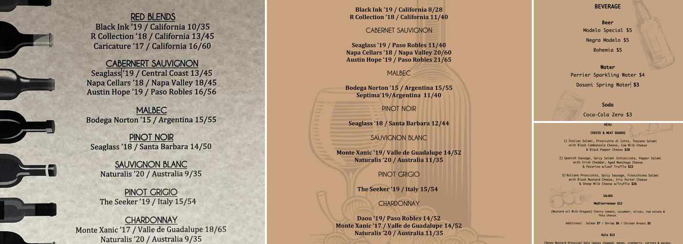 The Artistry Wine Bar Menu