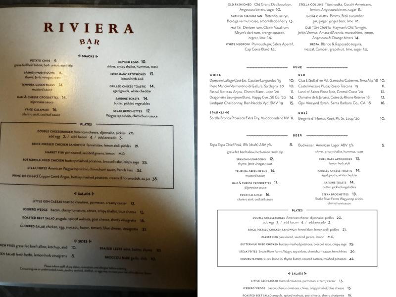 Riviera Bar Menu