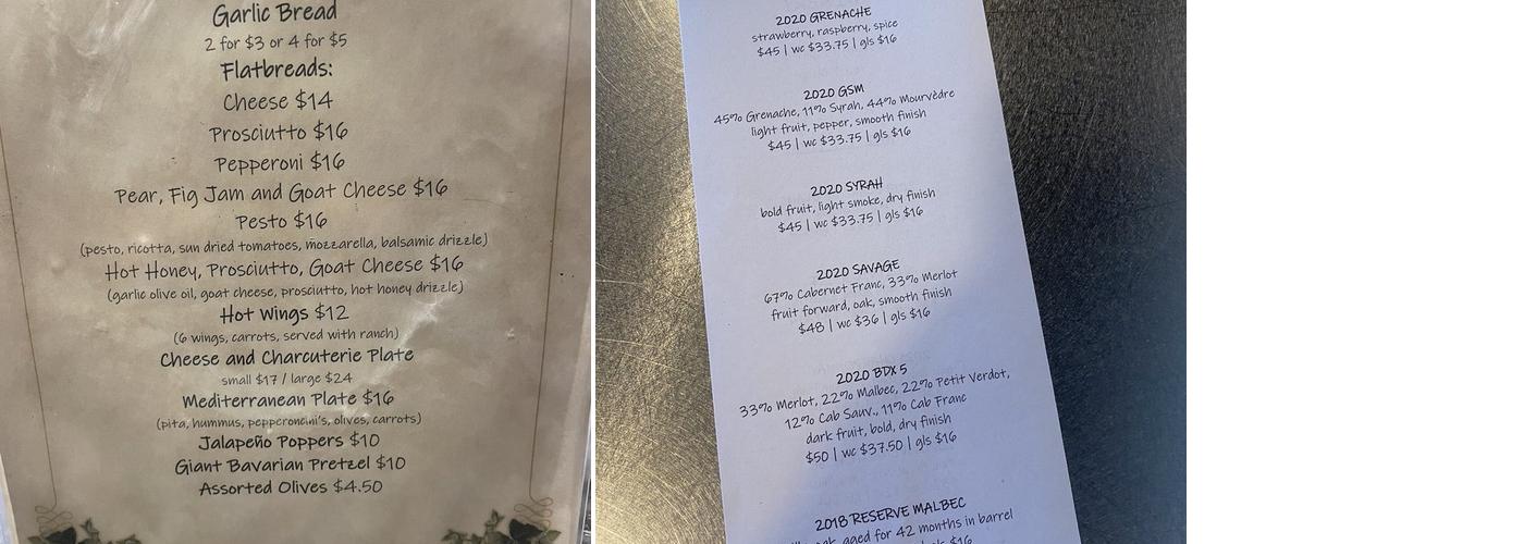 FRISBY WINERY & BREWING Menu