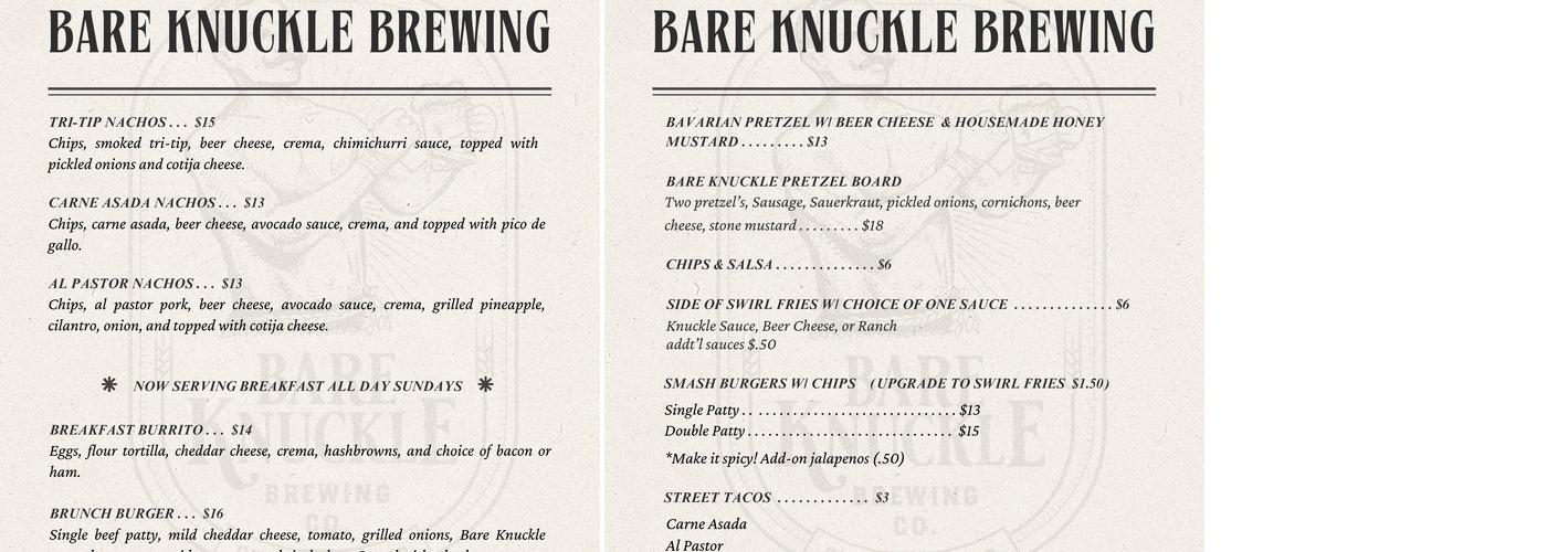 Bare Knuckle Brewing Co. Menu