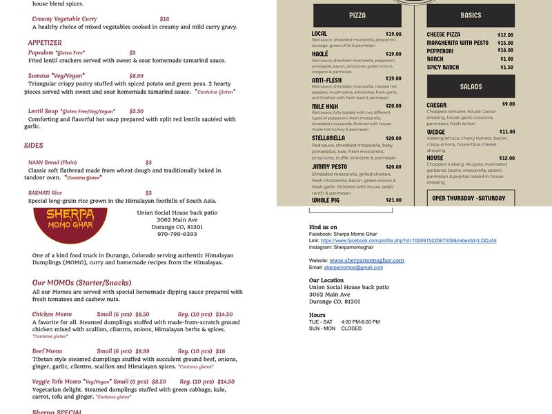 Union Social House Menu