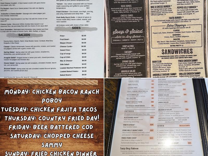 Lazy Dog Saloon Menu