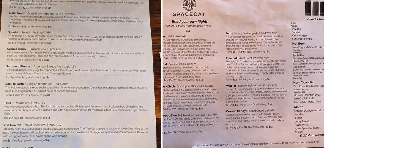 Spacecat Brewing Co. Taproom & Beer Garden Menu