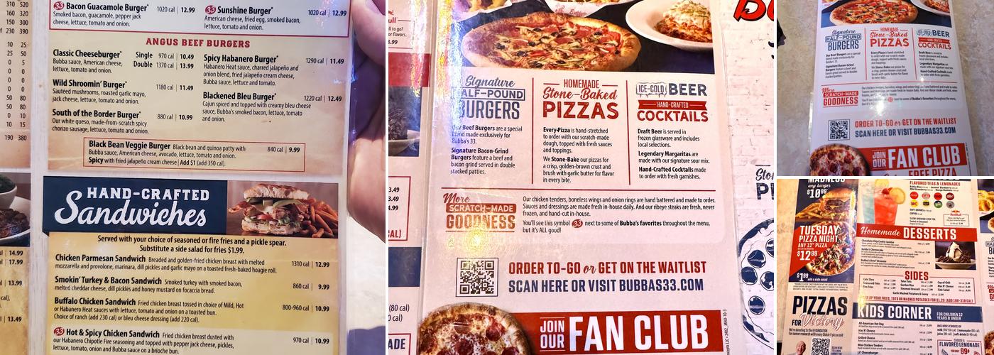 Bubba's 33 Menu