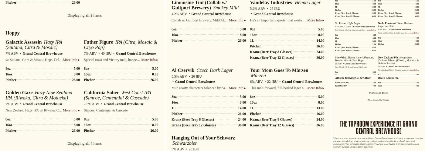 Grand Central Brewhouse Menu