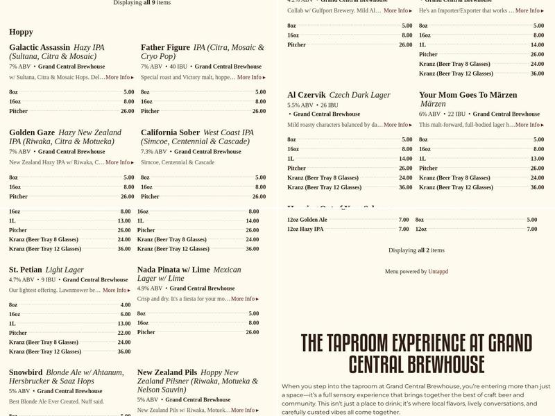 Grand Central Brewhouse Menu