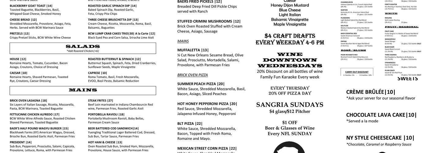 Baers City Winery & Brick Oven Kitchen Menu