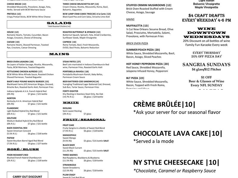 Baers City Winery & Brick Oven Kitchen Menu