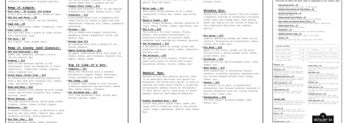 Distillery 64 Menu