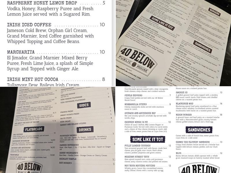 40 Below Public House Menu