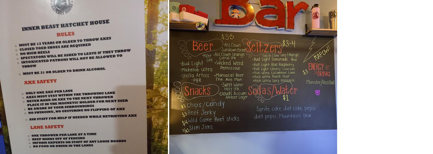 Inner Beast Hatchet House: Axe Throwing Menu