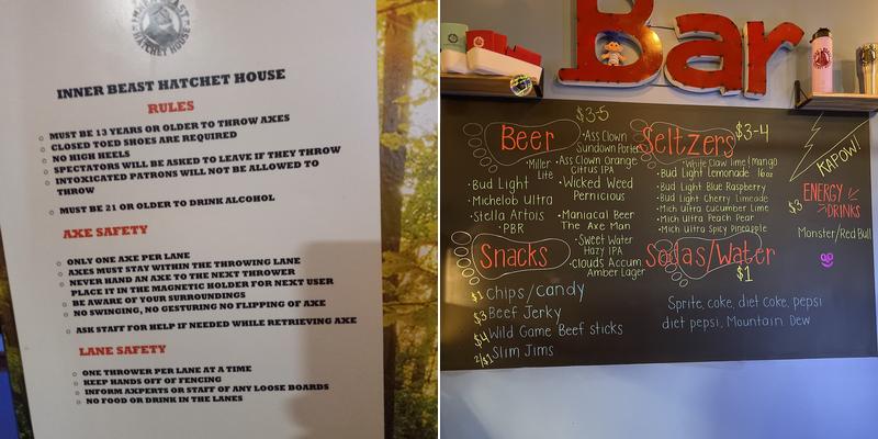 Inner Beast Hatchet House: Axe Throwing Menu