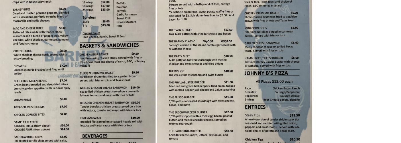 Barney Pub & Eatery Menu