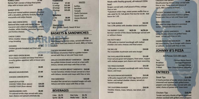 Barney Pub & Eatery Menu
