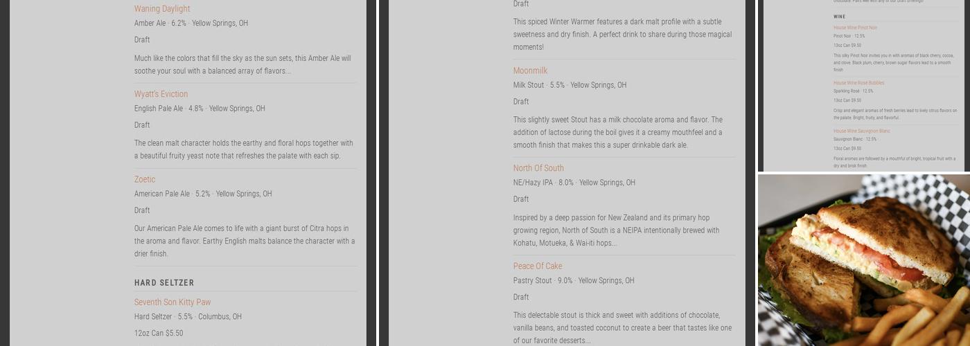 Yellow Springs Brewery Barrel Room Menu