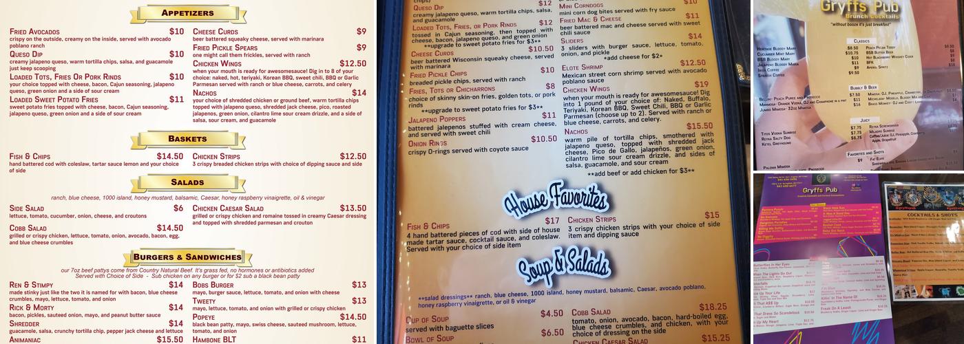 Gryff's Pub- Eugene Menu