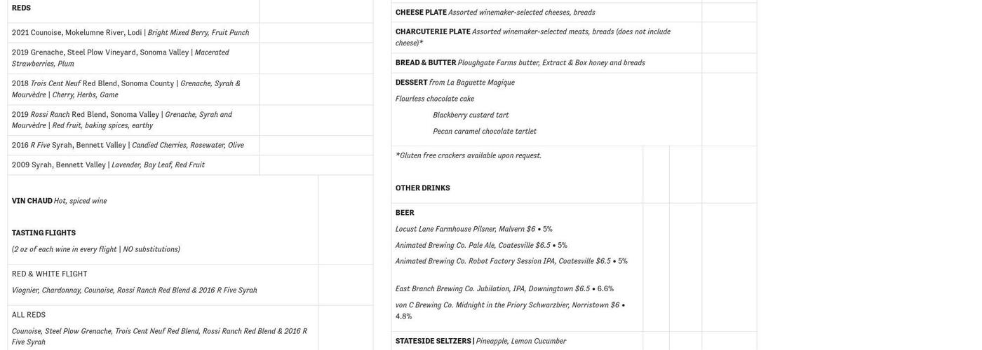 R Five Wines Menu