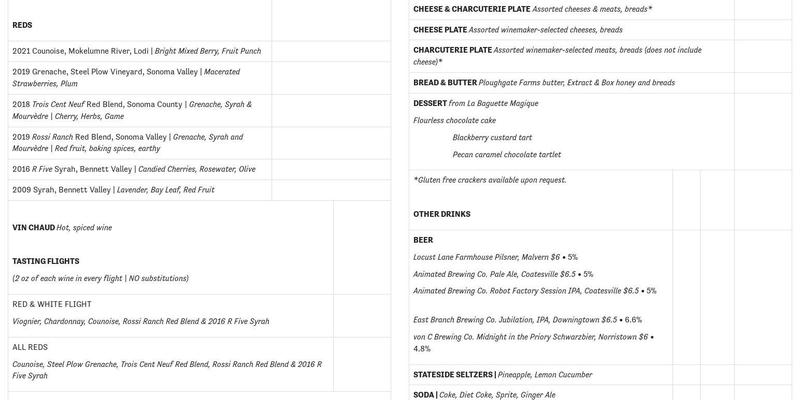 R Five Wines Menu